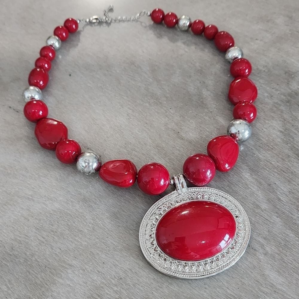 Radiant Red Beaded Statement Necklace with Silver Accents and Large Pendant - Picture 1 of 8